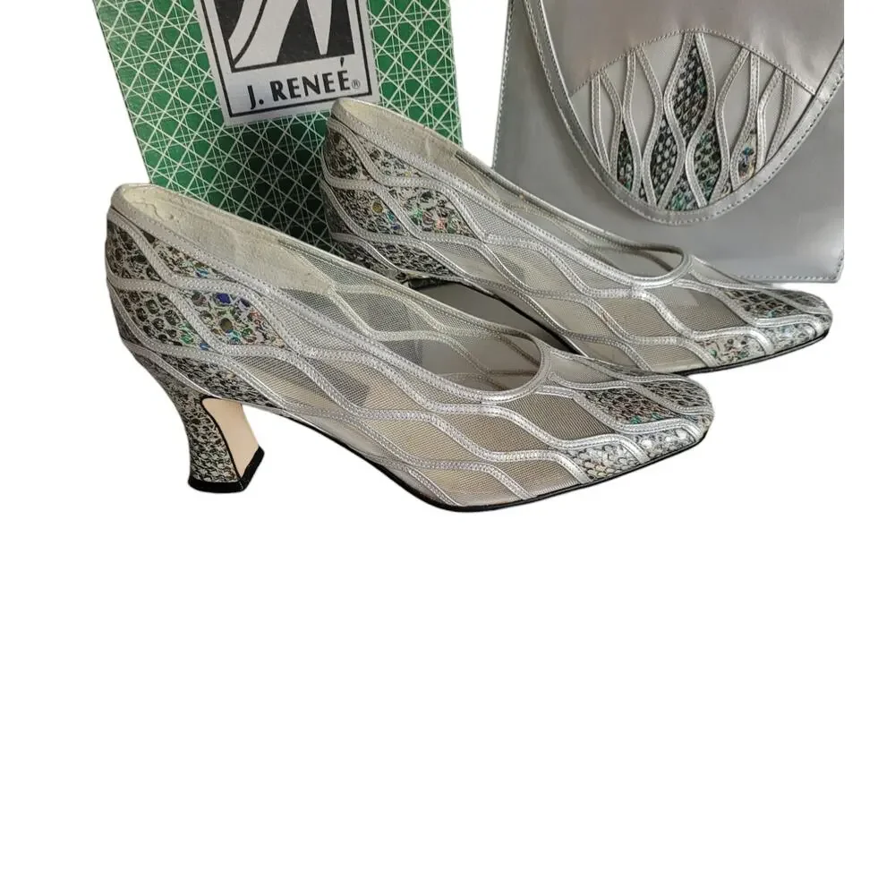 STUNNING J. Renee Vintage 'BIANCO' Silver Iridescent Pumps plus Matching Purse